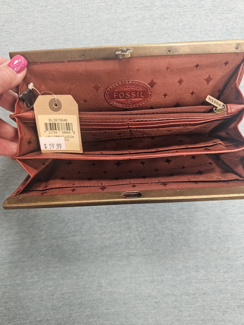Fossil Red Leather Clutch Wallet with Brass Trim - Picture 4 of 4